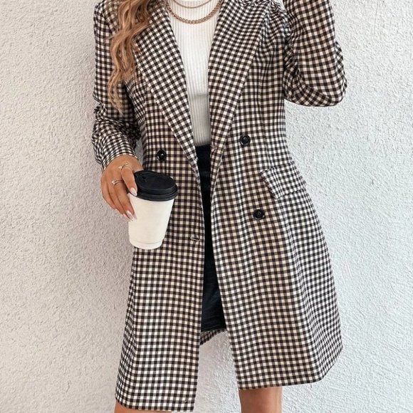 BLACK GINGHAM PRINT BLAZER CHIC CLASSY BUSINESS CASUAL STREETWEAR - Picture 4 of 6